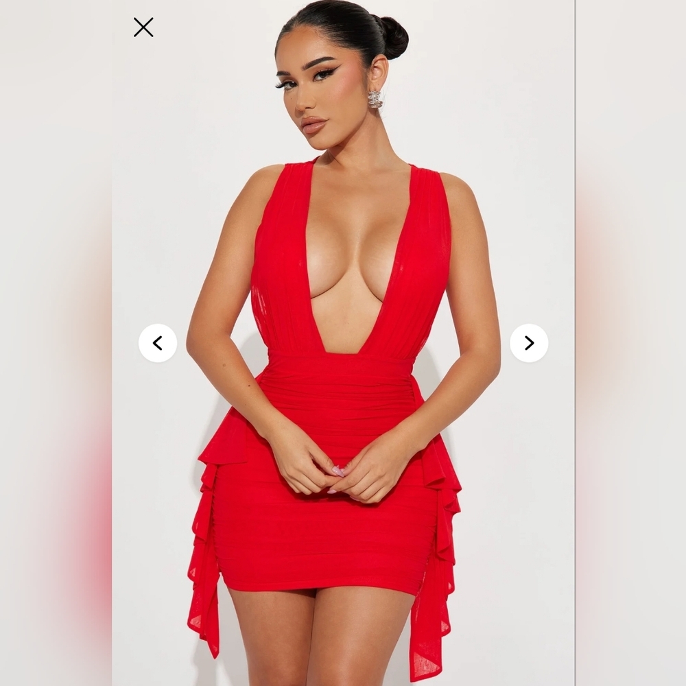 Red Deep V Plunge Mini Dress